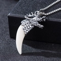 Retro silver dragon head pendant necklace with ivory resin tusk on black jewelry box - Dragon Shape White with Corn Chain / Vintage Silver/White