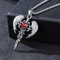 Silver winged gothic cross necklace with red gemstone and vintage steel finish - Red Zirconia Angel with Corn Chain