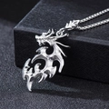 Silver dragon pendant necklace with box chain for men on textured jewelry box - Flame Dragon with Corn Chain
