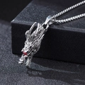 Silver dragon pendant necklace with red eye details and metal ball chain for men - Red Eye Dragon Head with Corn Chain