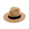 Classic camel wool felt fedora hat with black ribbon band for men and women - Adjustable / Camel