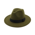 Close-up of wool felt jazz fedora hat in olive green with a wide black decorative ribbon - Adjustable / Army Green