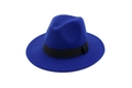 Classic bright blue wool fedora hat with elegant black grosgrain ribbon band accessory - Adjustable / Sapphire Blue