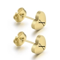 Detailed view of gold heart stud earrings featuring a laser-engraved black letter X - Gold X