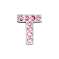 Close-up of chrome letter T charm inlaid with eight shiny pink rhinestones for DIY jewelry - Pink - Letter T