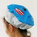 Waterproof light blue cartoon shower cap for women with white lace trim and elastic band - Blue (Blue Elephant)