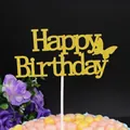 Golden glitter Happy Birthday cake topper with butterfly design 14cm width - Golden Butterfly Birthday