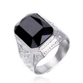 Men's stainless steel ring featuring a large faceted black gemstone and engraved band - US 7 / Steel Color Black Zircon