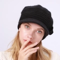 Women's black knit peak cap with fleece lining for autumn and winter warmth - One Size / Black