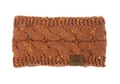 Close-up of mustard yellow chunky knit headband with colorful flecks and MOK leather tag - Rust Red Confetti