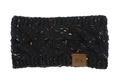 Detail of black knitted headband with colorful flecks and a brown leather logo patch - Black Marl