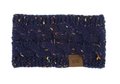 Macro detail of navy knit headband featuring cable stitch texture and a brown leather logo tag - Navy Marl