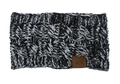 Detailed cable knit pattern on thick winter ear warmer headband with brown leather tag - Black+White