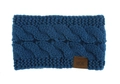 Close-up of navy blue cable-knit winter headband with premium leather logo tag detail - Navy Blue