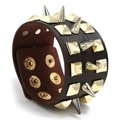 Dark brown wide leather punk bracelet with gold studs and silver conical spikes - Brown
