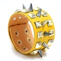 Punk yellow leather wide bracelet with gold pyramid and black cone spikes and studs - Yellow