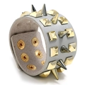 Punk style wide grey faux leather bracelet with three rows of mixed gold and gunmetal studs - Gray