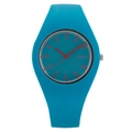 Fashionable blue silicone watch with red markers and Geneva logo on a clean white background - Lake Blue