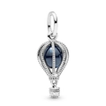 Silver hot air balloon charm with deep blue gemstone and heart pattern on white background - Blue Hot Air Balloon Style
