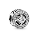 Sparkling silver round charm with clear cubic zirconia pavé and hollow flower pattern - White