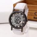 Fashion skeleton quartz watch with white crocodile leather strap and black round case - Gunmetal Face White Strap