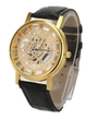 Detail view of fashion watch with skeleton dial gold case and black leather strap - Gold Dial Black Band