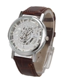 Detailed macro of silver hollow dial quartz watch with brown leather strap and Roman numerals - Silver Face Brown Strap