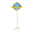 Detailed view of enamel cat and planet chain brooch with blue and green continents - C1586-3 Cat Planet