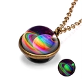 Detailed view of galaxy nebula luminous necklace with bronze vintage pendant and glow effect - Colorful Planet