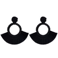 Detailed view of handmade black beaded hoop earrings with bohemian fan-shaped fringe - Black