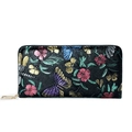 Women's long floral embossed wallet in black leather with secure gold zipper closure - Dragonfly & Flower