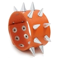 Punk orange leather bracelet featuring silver double-row metal spikes and snap buttons - Orange Red