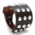 Punk rock dark brown leather bracelet with triple rows of silver cone studs and buckle - Brown