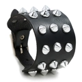 Black punk faux leather bracelet featuring three rows of silver spiked metal rivets - Black