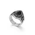 Vintage-Edelstahlring mit schwarzem Stein im Marquiseschliff und Gravur-Details - US 7 / Schwarz