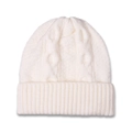Detailed view of cream cable knit beanie with thick texture and ribbed cuff design - Adult / White