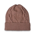 Close-up of winter knit beanie showing cable knit texture and ribbed cuff in dusty pink - Adult / Khaki