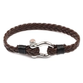 Men's multilayer braided brown leather bracelet with silver metal U-shackle clasp - Coffee