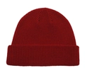 Close-up of deep red knitted beanie showing thick textured wool fabric and fine stitching - Burgundy