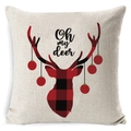 Christmas deer head pillow cover with red and black plaid pattern on beige linen fabric - A-2