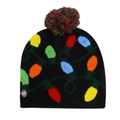 Detail view of the ON/OFF power button and colorful LED bulbs on a black Christmas beanie - Black String Lights