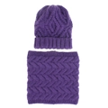 Detail of purple chunky knit beanie and neck warmer set with classic cable stitch pattern - Deep purple