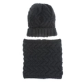 Detail of black cable knit beanie and neck warmer set with thick textured patterns - Black