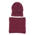 Detailed top view of burgundy cable knit winter beanie hat and matching infinity scarf set - Burgundy