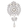 Elegant silver brooch with pearls, crystals, bow knots and teardrop pendant on white background - Silver Hollow Bow Pearl