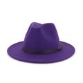 Elegant purple wide brim fedora hat featuring a dark brown leather band with buckle - Purple