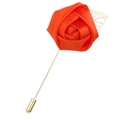 Orange satin rose brooch with golden hollow leaf and long stick pin closure - Orange