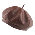 Classic brown PU leather beret for women with textured panels and pumpkin style design - 57-58cm / Brown