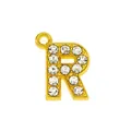 Detail of a 15mm gold letter R pendant paved with sparkling rhinestones for DIY jewelry - 15mm Gold Rhinestone Letter R Pendant