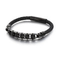 Bracciale da uomo in pelle nera intrecciata con perle e chiusura magnetica in metallo - Nero